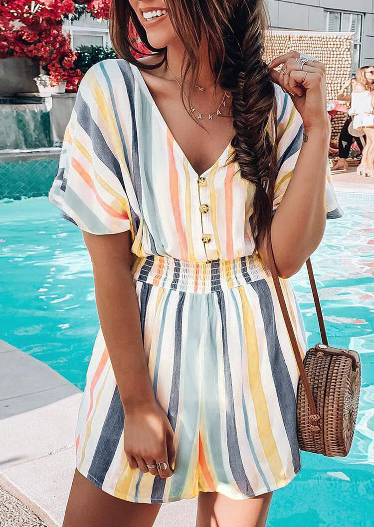 

Striped Button V-Neck Romper without Necklace, Stripe, 476720