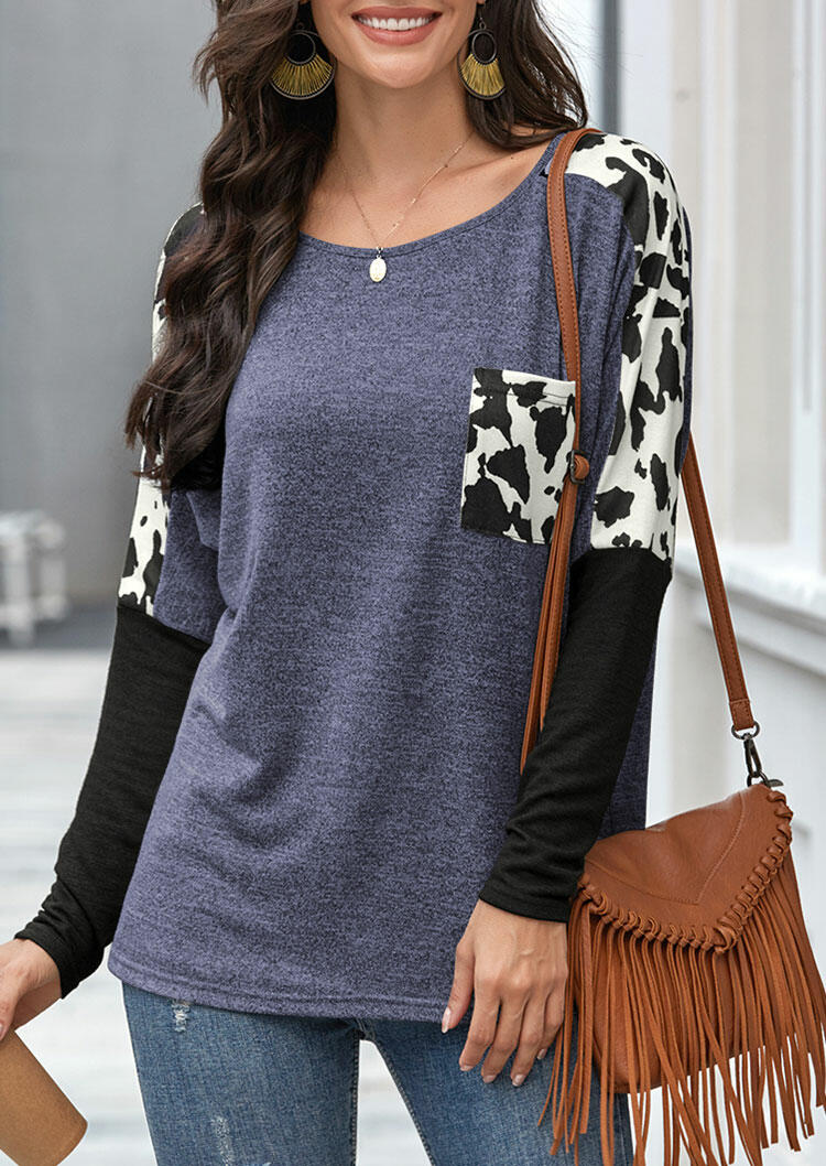 

Cow Leopard Pocket Color Block T-Shirt Tee - Blue, 476722