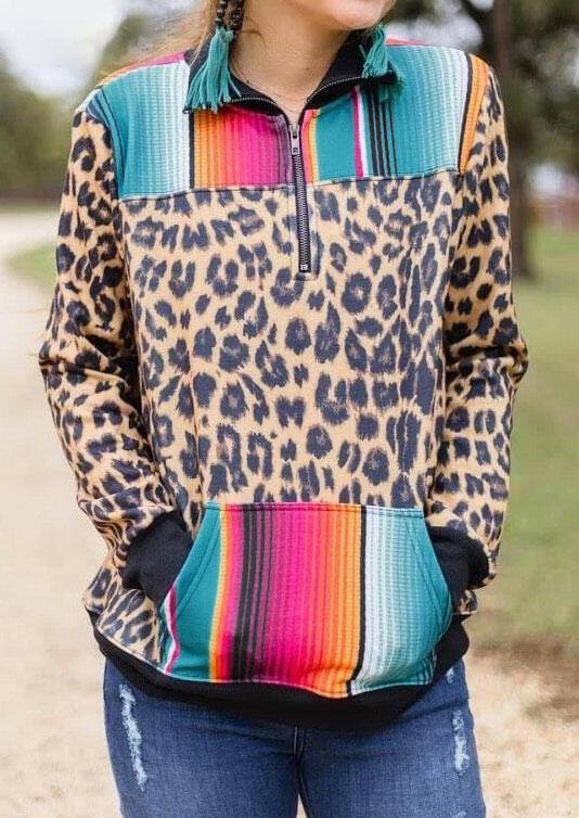 

Leopard Serape Striped Kangaroo Pocket Zipper Collar Sweatshirt, 476725