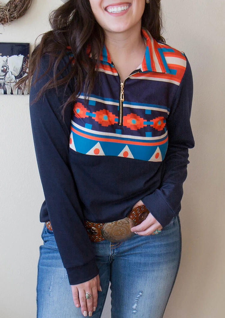 

Aztec Geometric Zipper Collar Sweatshirt - Navy Blue, 477028