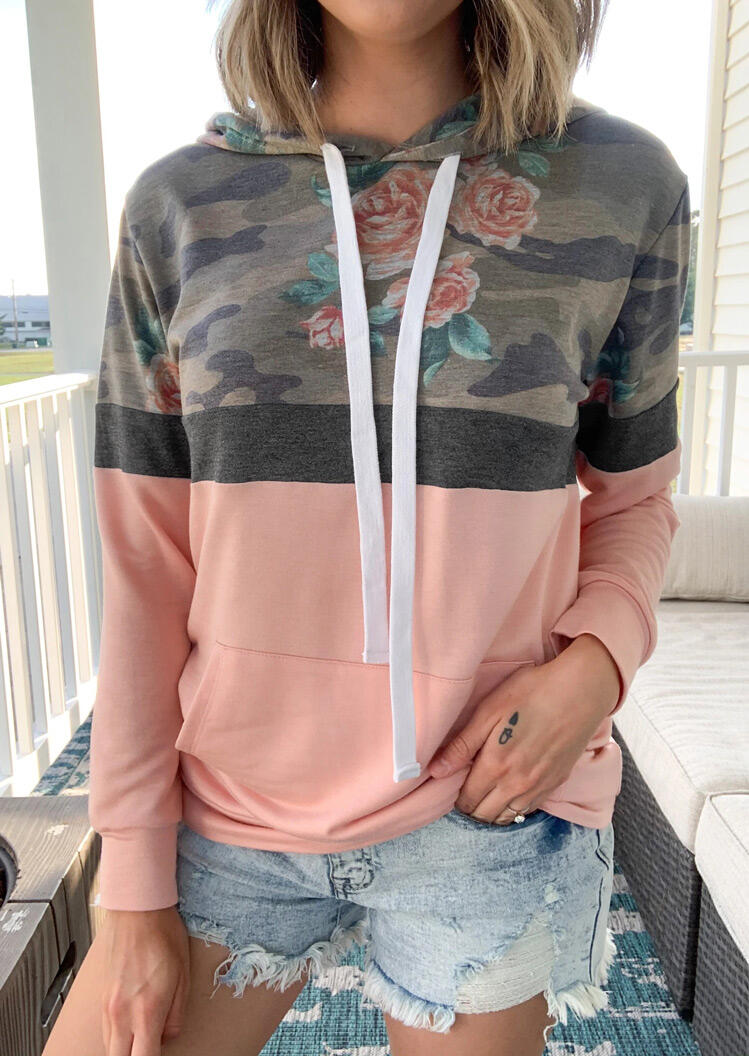 

Floral Camouflage Color Block Drawstring Hoodie - Pink, 477033