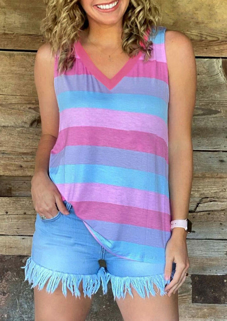 

Colorful Striped V-Neck Tank without Necklace, Stripe, 476549