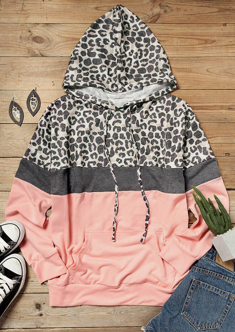 Color Block Leopard Splicing Kangaroo Pocket Hoodie - Pink