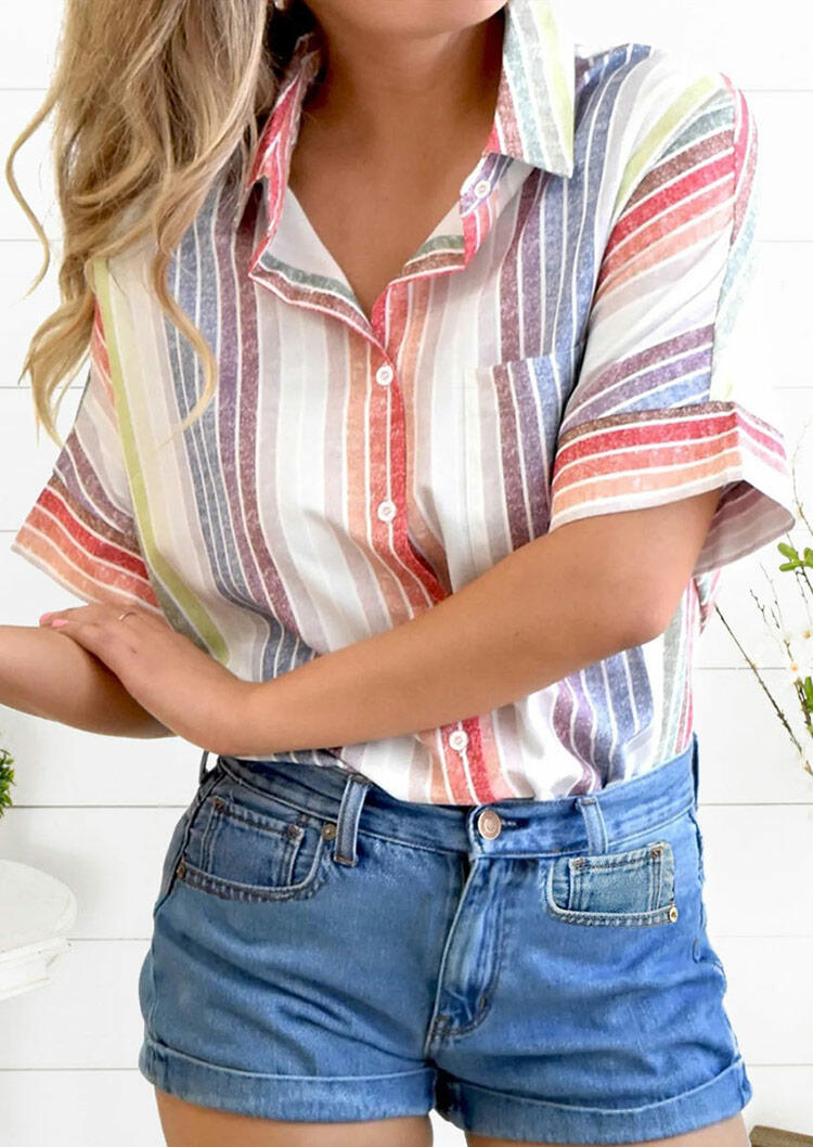 

Colorful Striped Pocket Button Shirt, Stripe, 477149