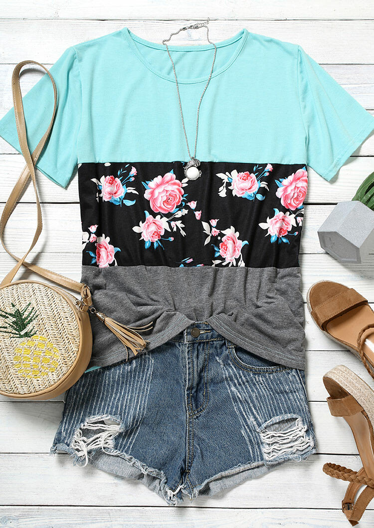 

Floral Color Block Splicing T-Shirt Tee without Necklace - Cyan, 477172