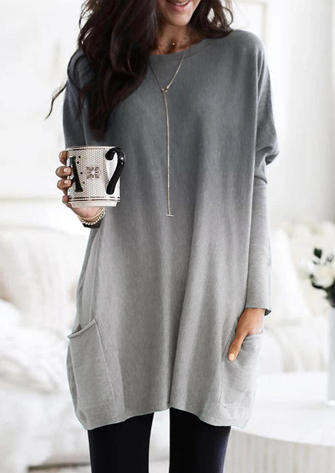 

Gradient Color Long Sleeve Pocket Mini Dress without Necklace - Gray, 457388