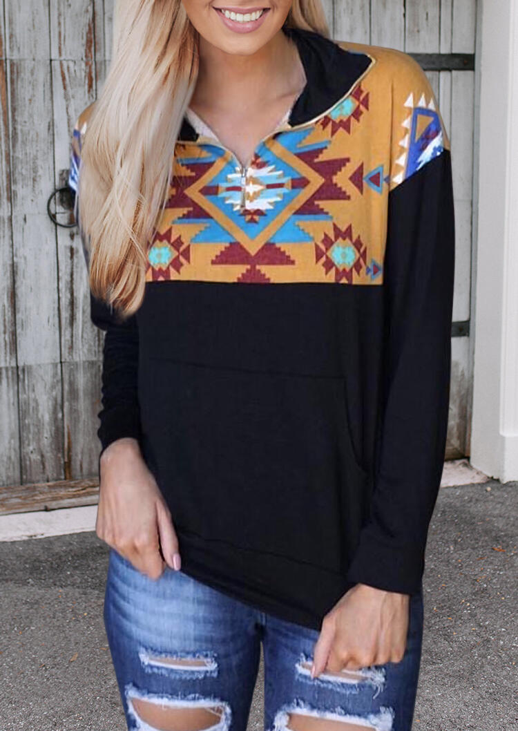 

Aztec Geometric Kangaroo Pocket Zipper Collar Sweatshirt - Black, 477128