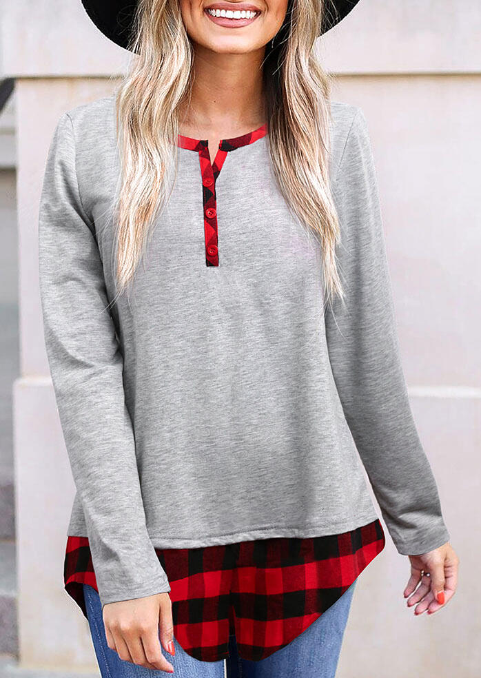 

Plaid Splicing Button O-Neck Long Sleeve Blouse - Gray, 477255