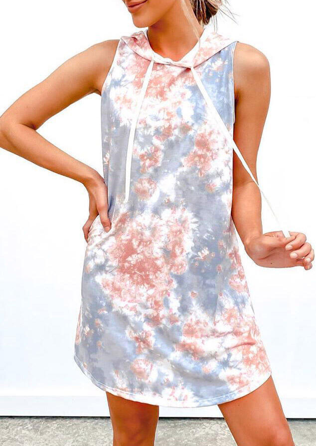 

Tie Dye Drawstring Sleeveless Mini Dress without Necklace, Multicolor, 477259