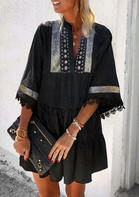 Polka Dot Tassel Lace Splicing Ruffled Mini Dress - Black