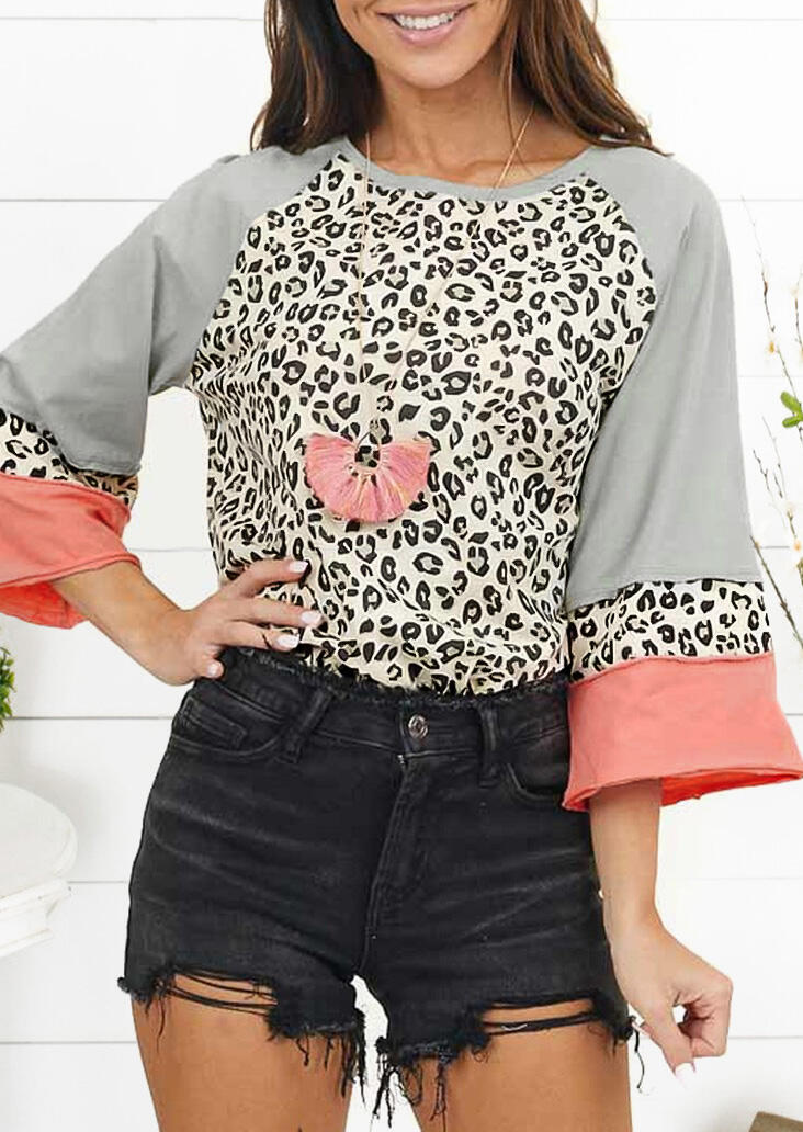 

Leopard Color Block Splicing Blouse without Necklace, 477360