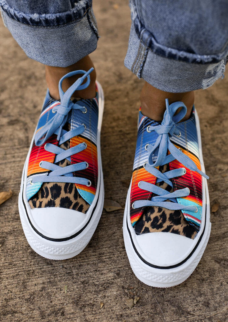 

Leopard Splicing Colorful Serape Striped Lace Up Flat Sneakers, Multi, 477483