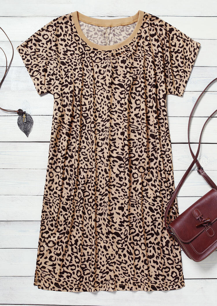 Leopard Splicing Pocket Slit Mini Dress without Necklace