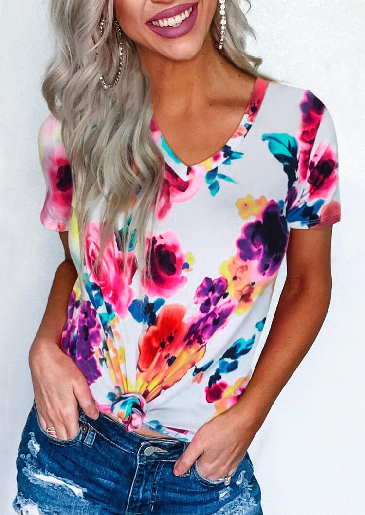 

Floral Tie Dye V-Neck T-Shirt Tee, Multicolor, 476896