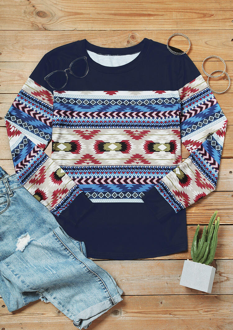 

Aztec Geometric O-Neck Blouse - Navy Blue, 477246