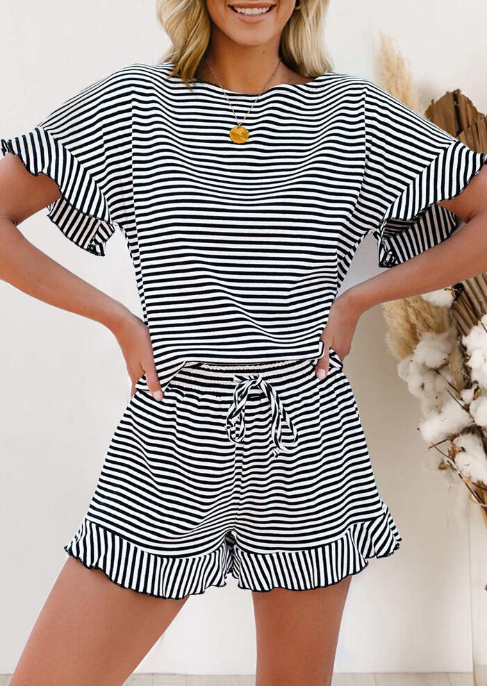 

Striped Ruffled T-Shirt And Drawstring Shorts Two-Piece Set, Stripe, 477608