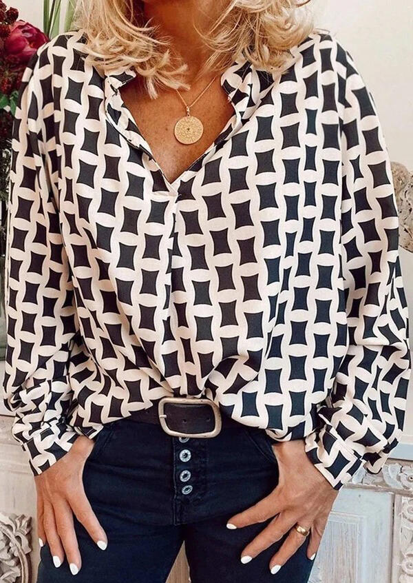 

Geometric Long Sleeve V-Neck Shirt - Beige, 477642