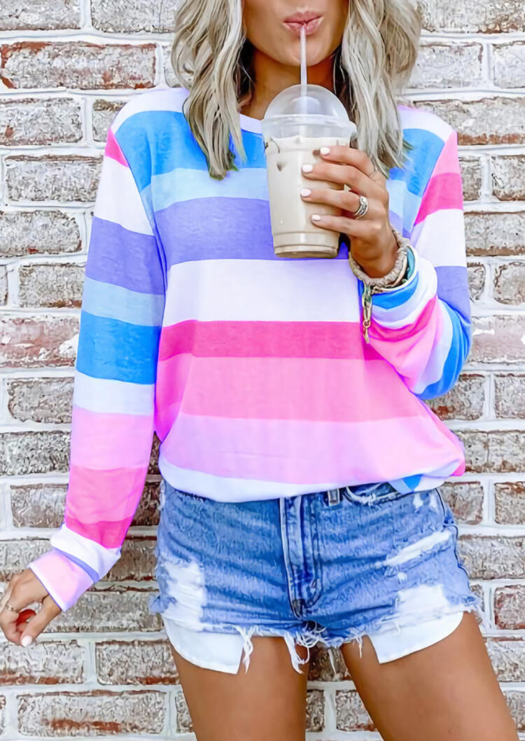 

Striped Color Block Long Sleeve T-Shirt Tee, Multicolor, 477757