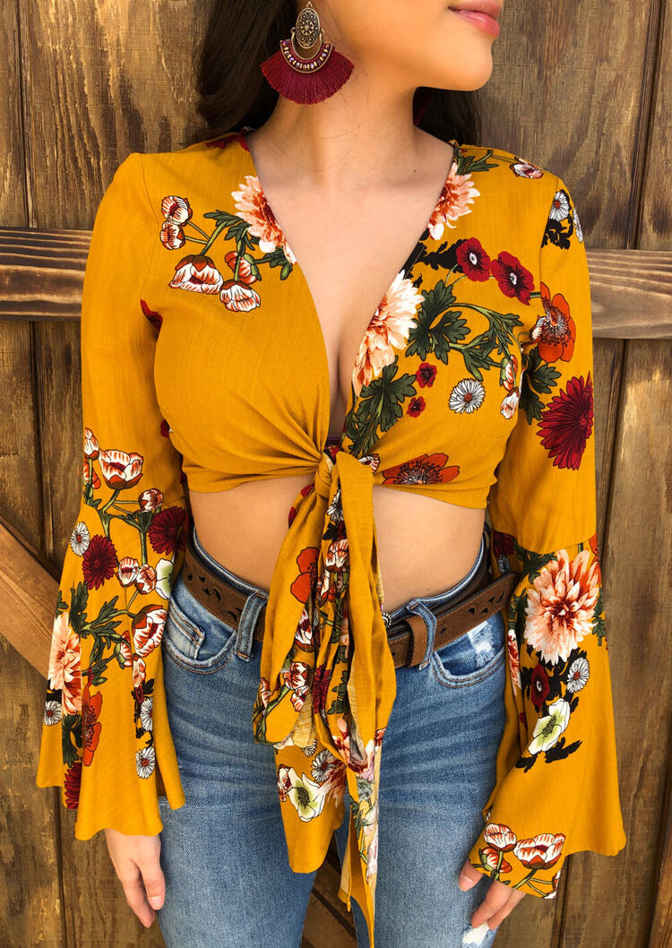 

Floral Tie Flare Sleeve Blouse - Orange, 477947