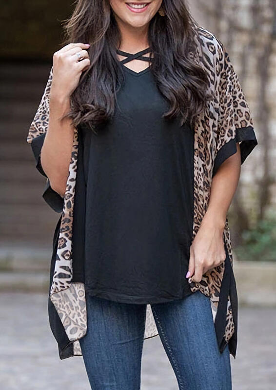 

Leopard Splicing Batwing Sleeve Cardigan, 477975