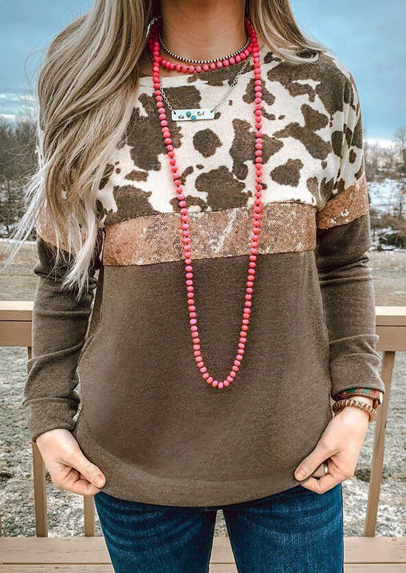 

Cow Sequined Splicing Sweatshirt - Coffee, 478061