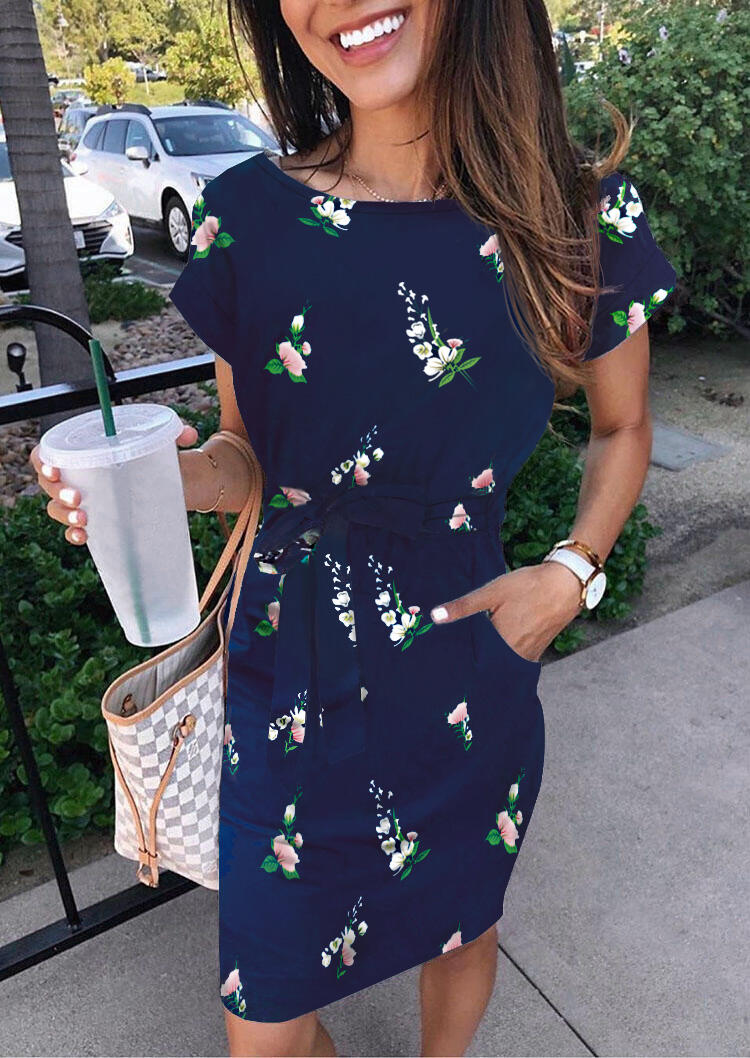 Floral Pocket Mini Dress without Necklace - Navy Blue