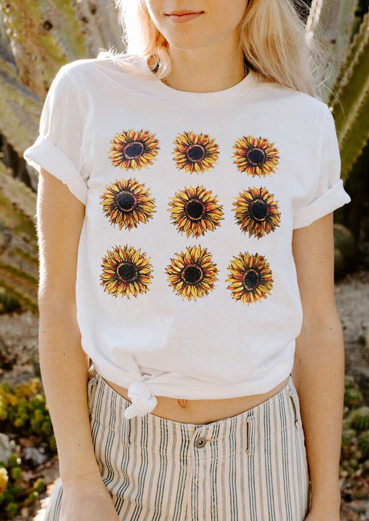 

Sunflower Floral O-Neck T-Shirt Tee - White, 478032