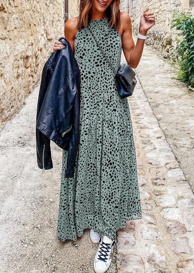 

Leopard Zipper Halter Maxi Dress - Green, 478188