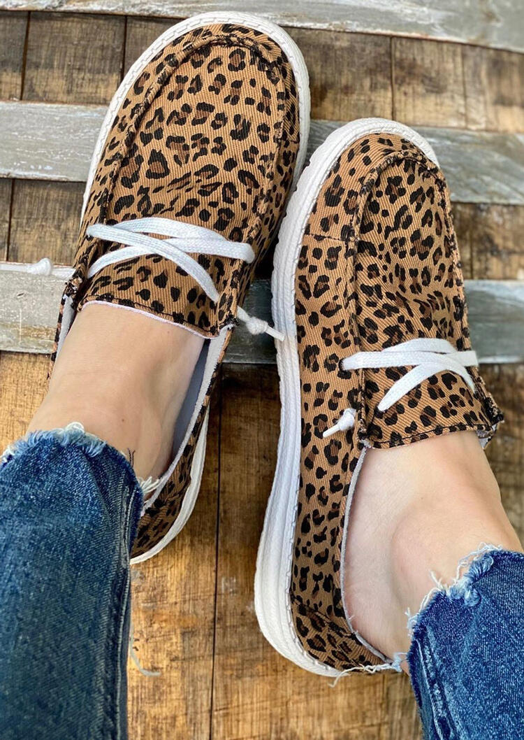 leopard lace up round toe flat sneakers