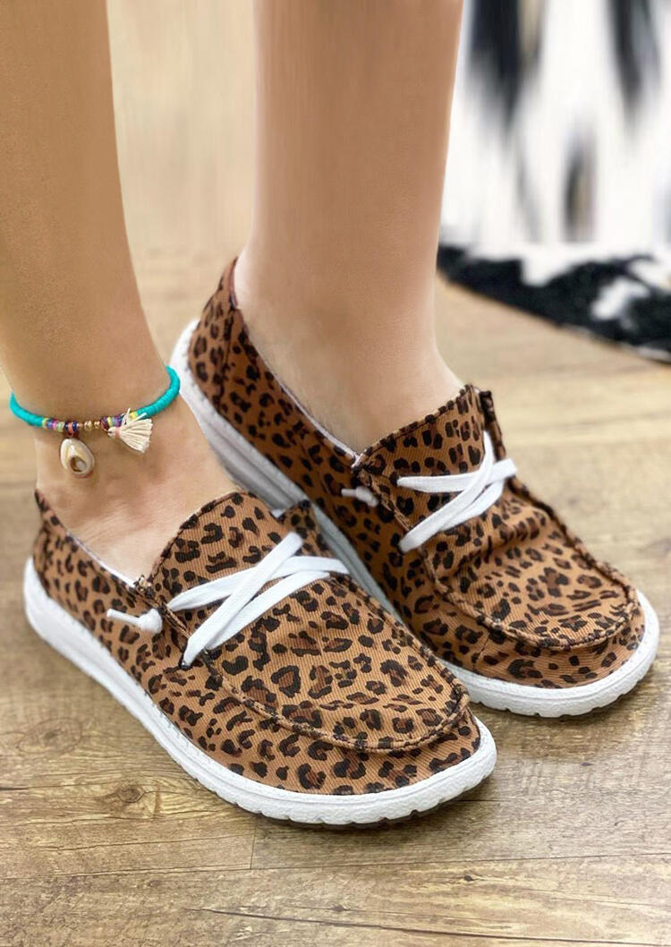 leopard lace up round toe flat sneakers