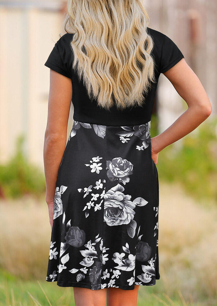 Floral V-Neck Wrap Mini Dress - Black