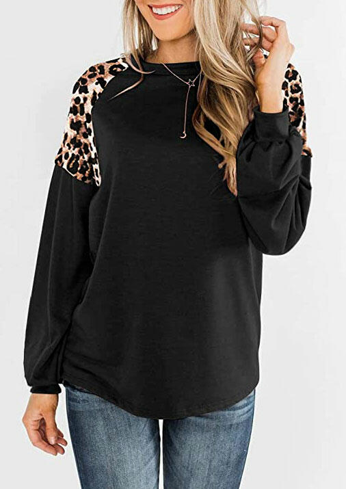 

Leopard Splicing Lantern Sleeve Blouse - Black, 478288