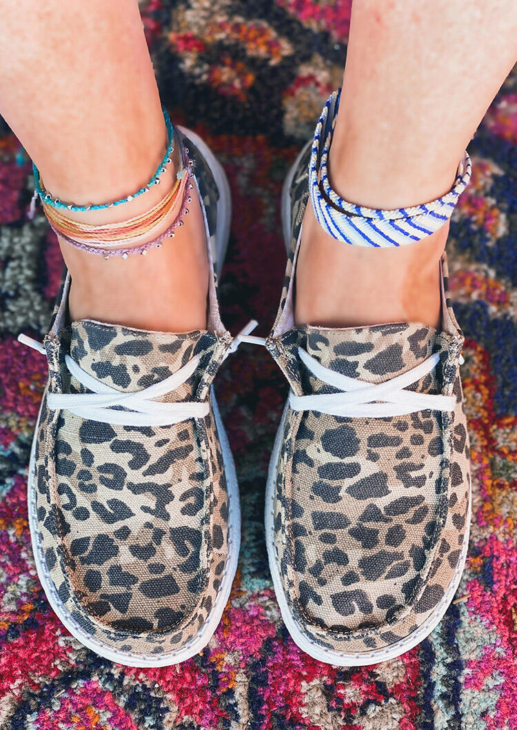 leopard lace up round toe flat sneakers