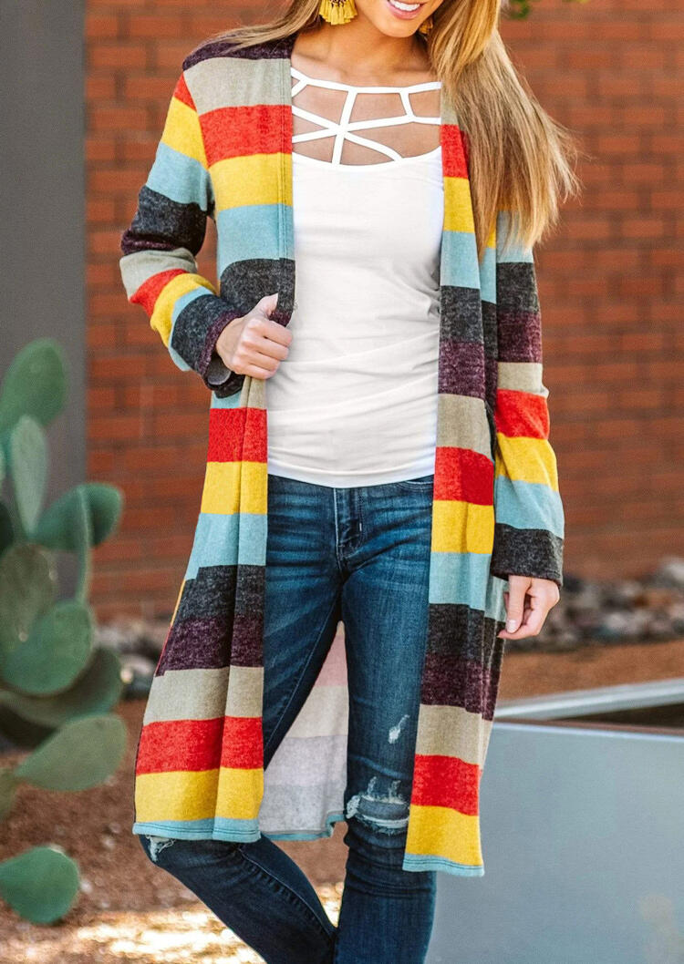 

Colorful Striped Pocket Long Cardigan, Multicolor, 478327