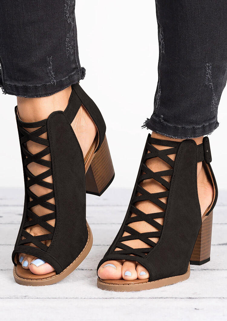 Criss-Cross Peep Toe Heeled Sandals - Black - Bellelily