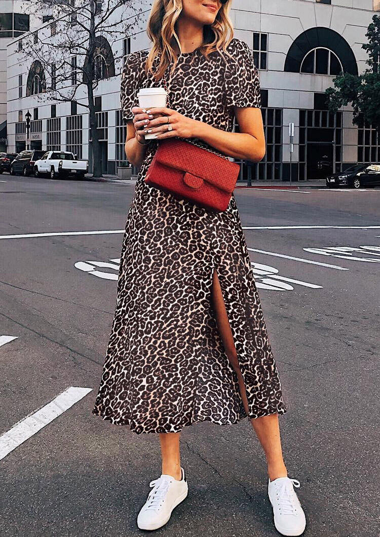 

Leopard Slit O-Neck Midi Dress, 478326