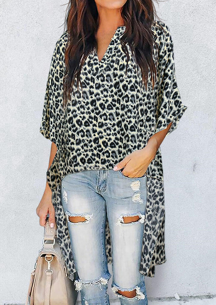 

Leopard Batwing Sleeve Asymmetric Long Blouse, 478328