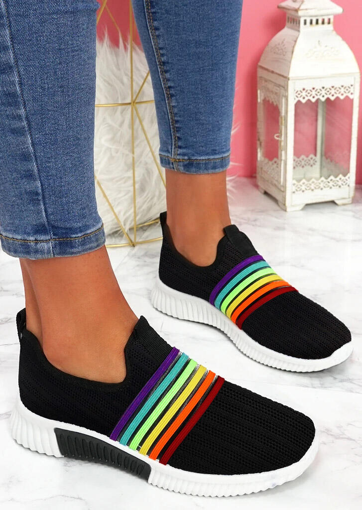 

Breathable Rainbow Slip On Round Toe Sneakers, Black, 478321