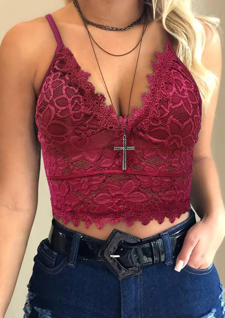 

Floral Lace Hollow Out Open Back Crop Top - Burgundy, 478666