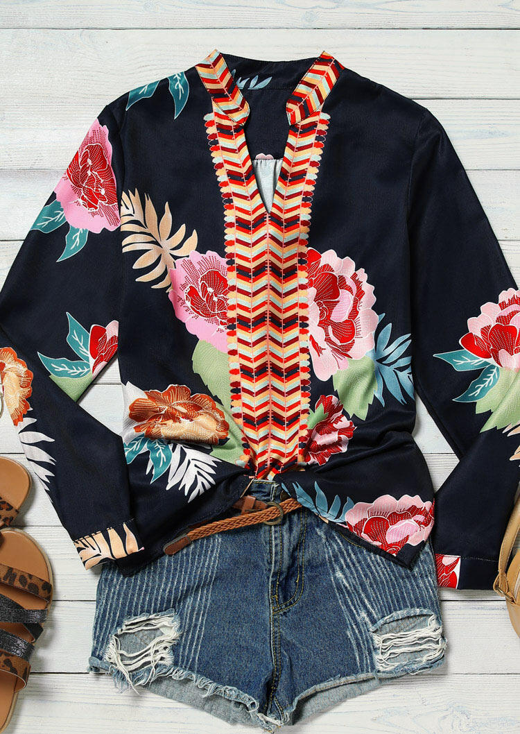 

Vintage Ethnic Floral Zigzag Arrow Blouse - Navy Blue, 476800