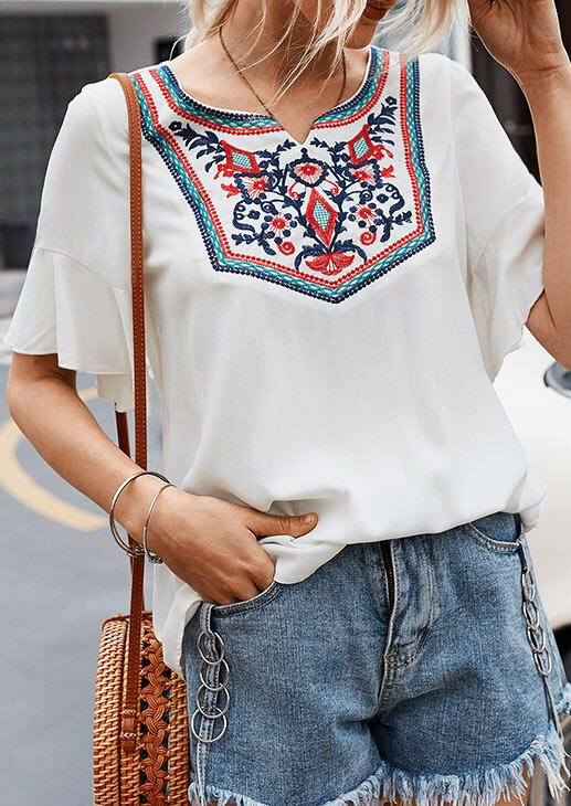 

Bohemian Embroidered Floral Blouse without Necklace - White, 478710