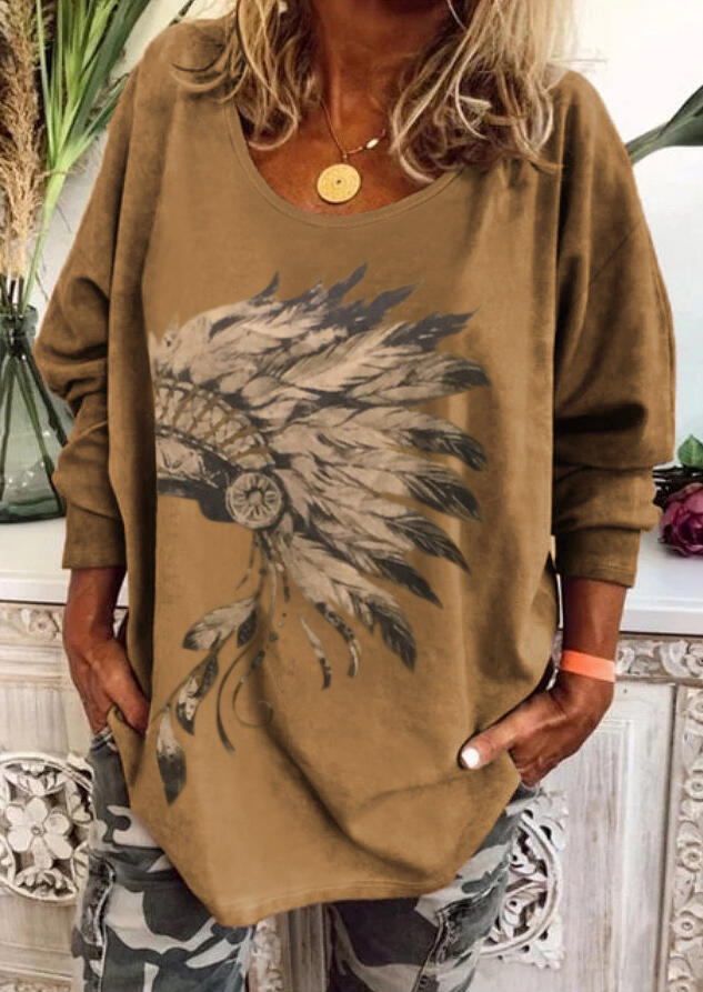 

Feather Long Sleeve O-Neck Blouse - Khaki, 478721