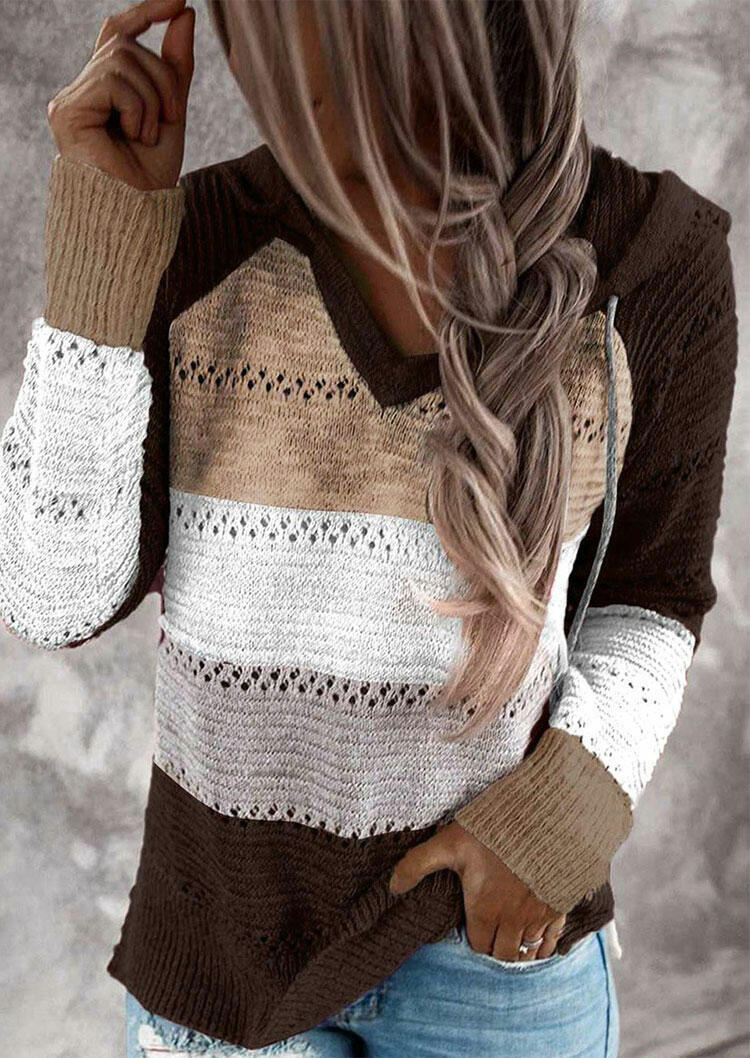 

Color Block Hollow Out Drawstring Knitted Sweater - Dark Coffee, Brown, 478952