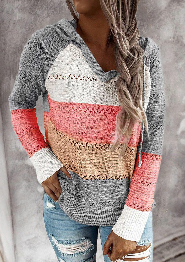 

Color Block Hollow Out Drawstring Knitted Sweater - Gray, 478956