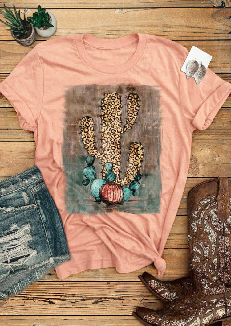 Leopard Cactus O-Neck T-Shirt Tee - Flesh