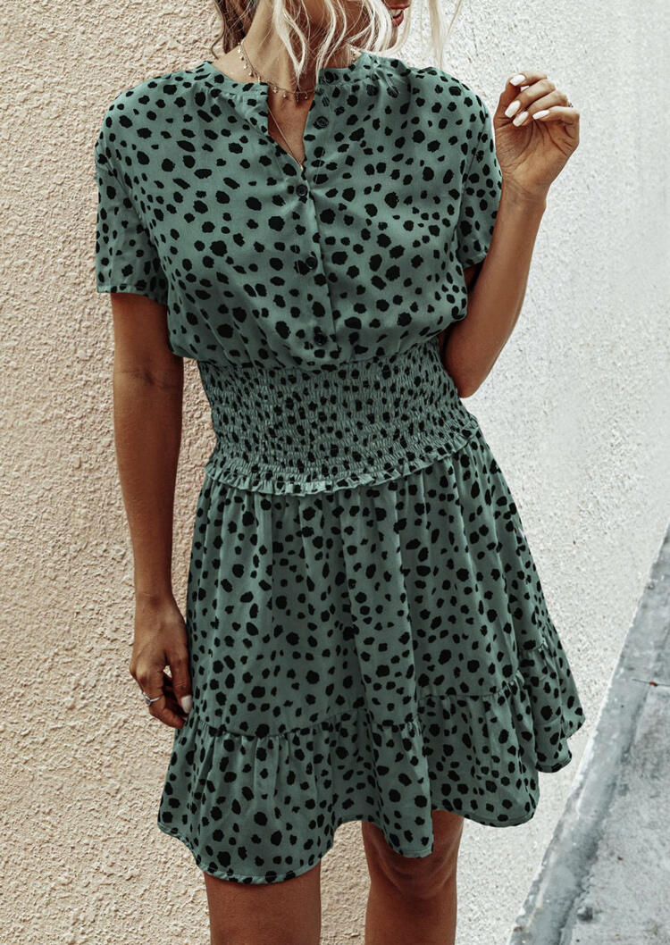 

Leopard Ruffled Button V-Neck Mini Dress - Green, 478940