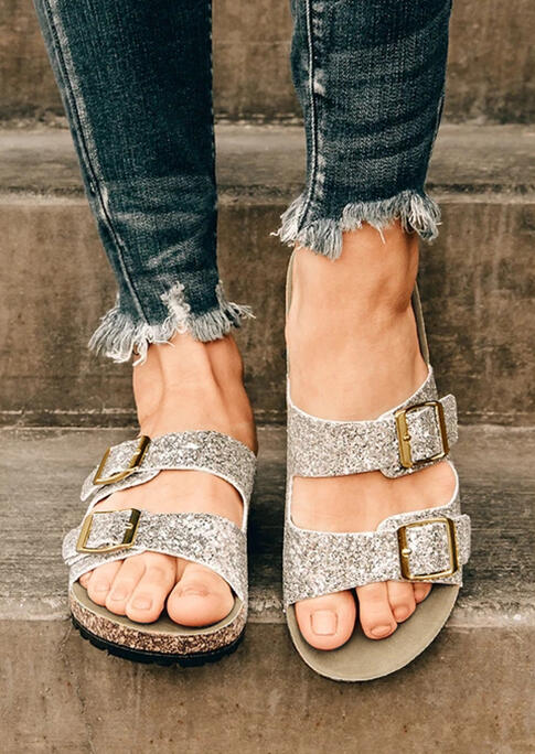 

Sequined Adjustable Buckle Slip On Flat Slippers, Silver, 478955