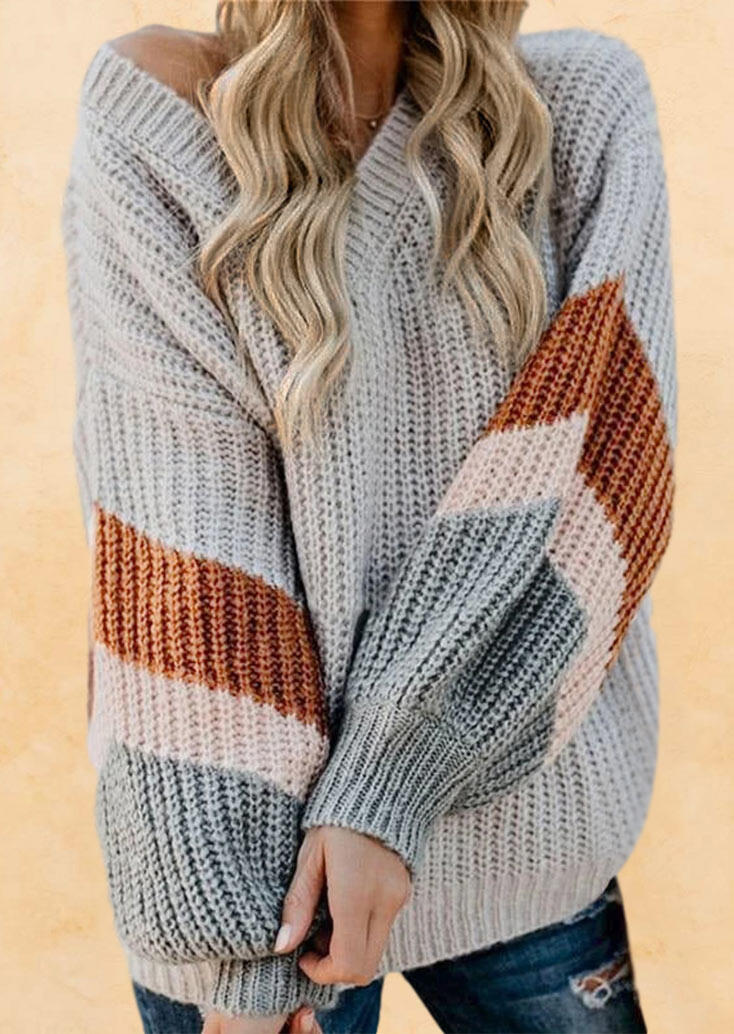 

Color Block V-Neck Knitted Sweater - Gray, 478957