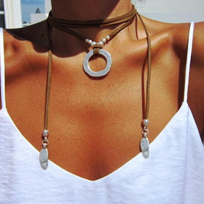 

Bohemian Adjustable Wrap Beading Ring Pendant Necklace, Brown, 479011