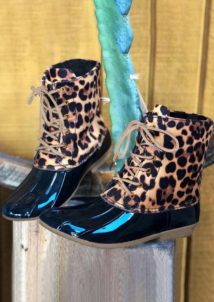 Leopard Waterproof Lace Up Duck Boots 